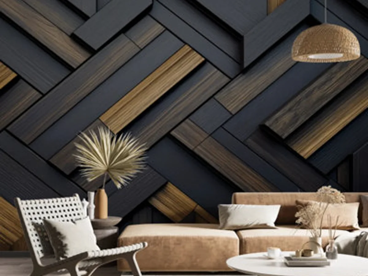 Modern living room with a dark geometric wallpaper accent wall
