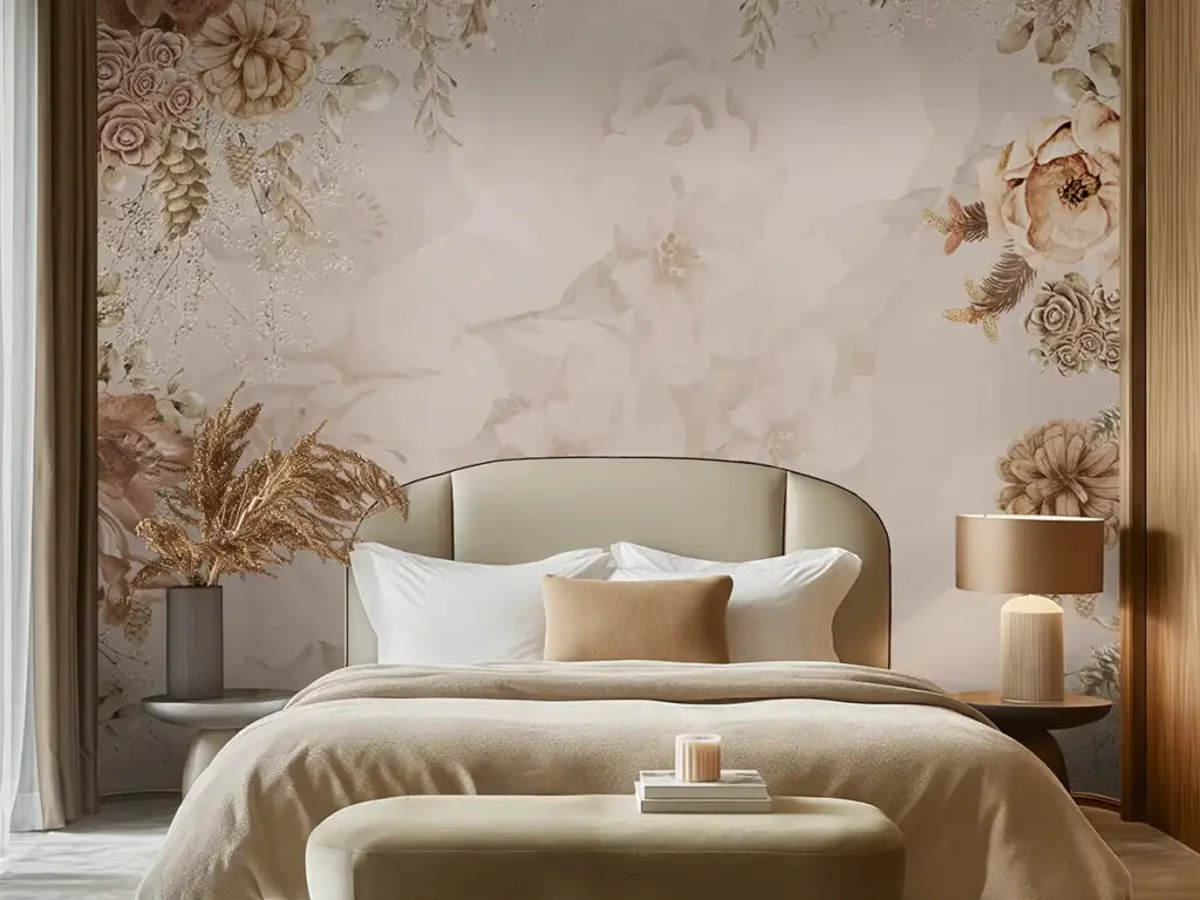 Textured neutral wallpaper behind a refined bedroom